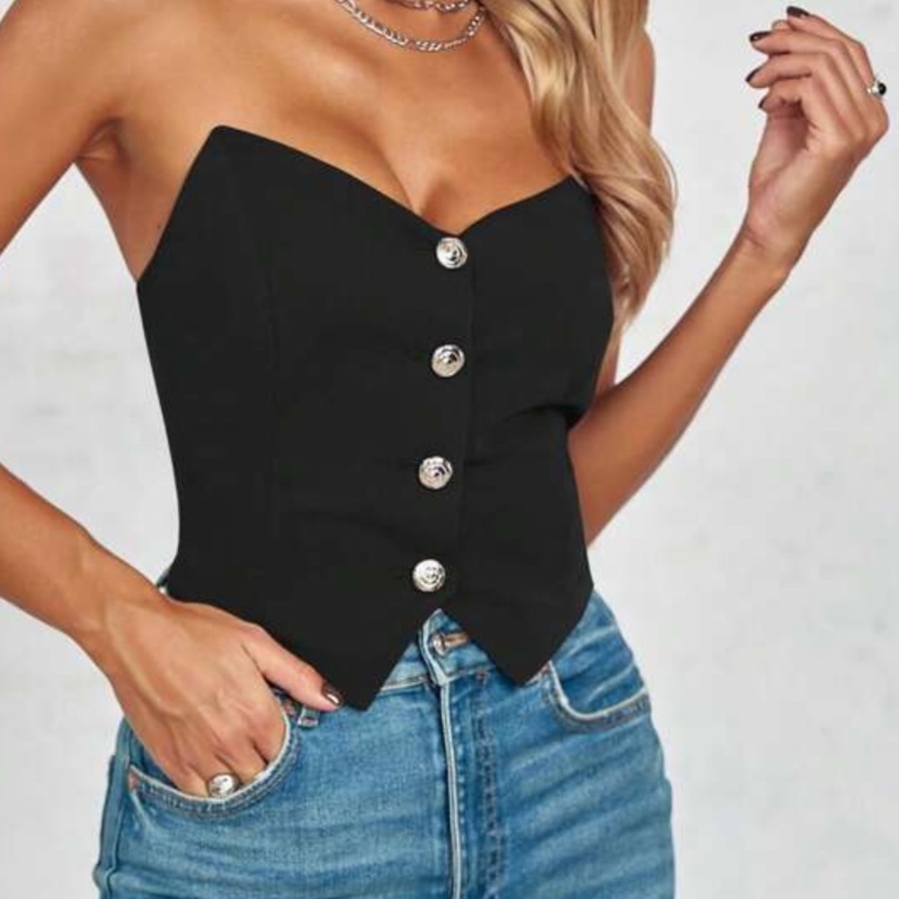 SHEIN Black Buttoned Strapless Top